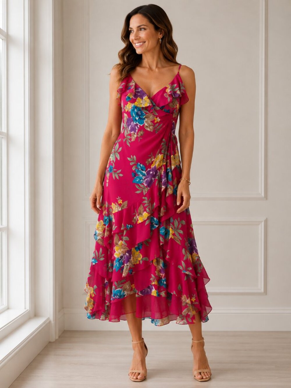 Lauren Ralph Lauren Hot Pink Floral High-Low Ruffle Slip Dress